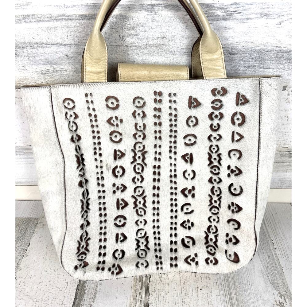 Pibra Womens White Cutout Horsehair Italian Leather Handle Bag Boho Purse Rare